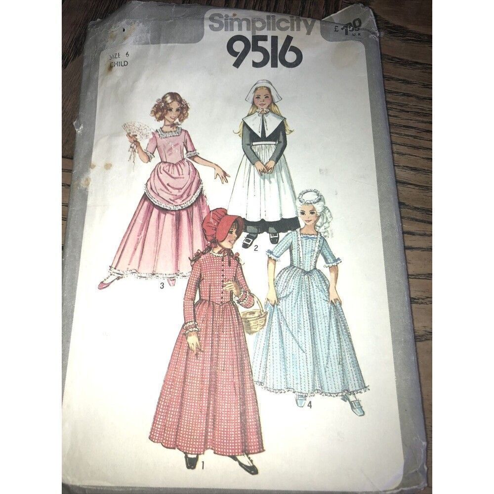 Simplicity 9516 Uncut Pattern Size 6 Girls Puritan, Centennial 18th Dress, 21 Pc